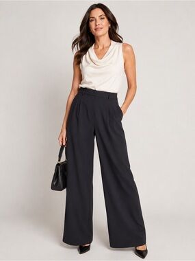 C by One Black Wide Leg Pull-On Career Pants Size M Elastic Back Waist
